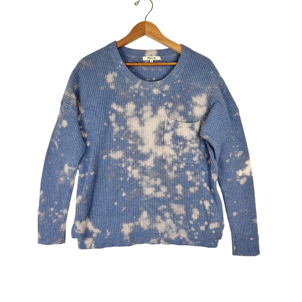 Madewell Bleached Tie Dye Ribbed Pocket Sweater Size M Blue White Cotton Knit
